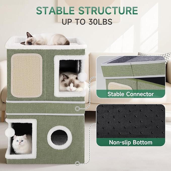 Shikha 2 Story Cat House beds for Indoor Cats with Scratch Pads Green | 2 in 1 Dual Use Double Cat Bed Cave for Multiple Pets Kitten, Elevated Perch for a Wide View, All Season Reversible Cushion