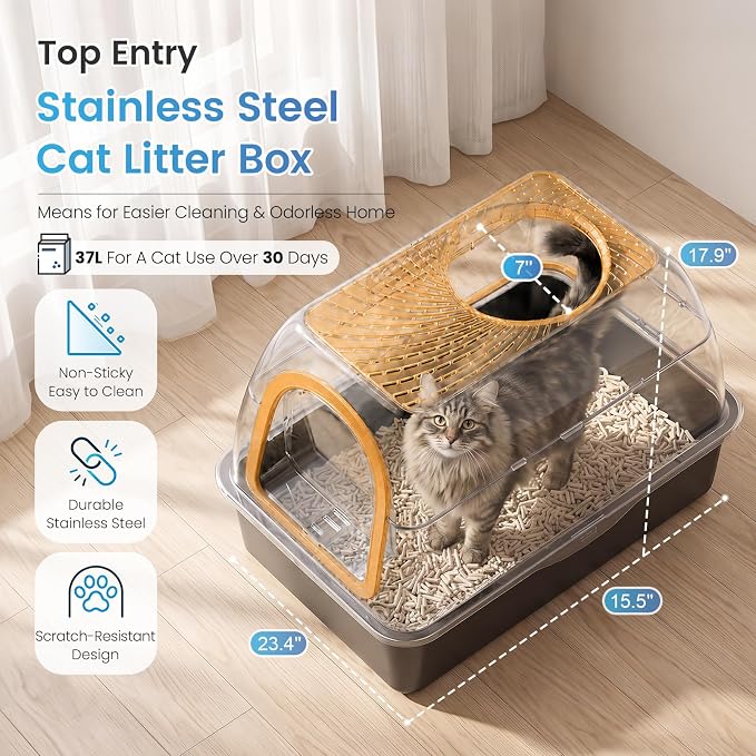 SuzziPaws Stainless Steel Litter Box Dog-Proof Leak-Proof for Multi-Cats | XL Orange Hooded Top-Entry with Filter Lid & Scoop, Cat Litter Box High Walls Prevent Spills, Ideal for Multi-Cats