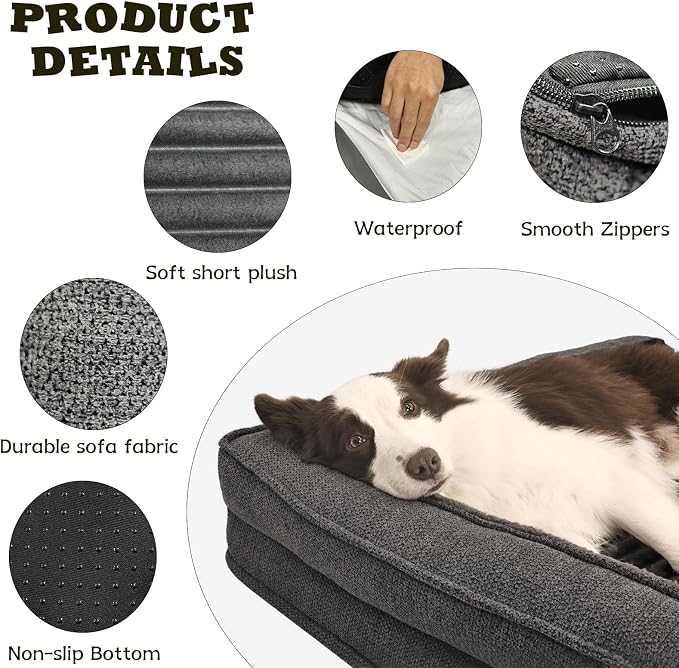 WINDRACING Orthopedic Dog Beds for Extra Large, XXLarge Dogs, Waterproof Egg Foam Dog Sofa Bed with L Bolster Sides, Washable Pet Bed with Removable Cover & Non-Slip Bottom, 46 x 30 inch, Gray
