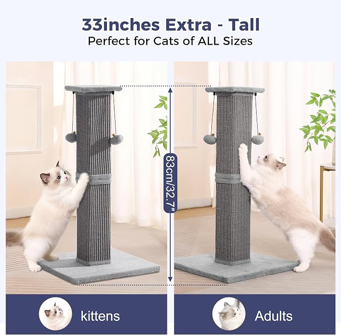 Tall Cat Scratching Post 33” Heavy Duty Sisal Scratcher Post | Modern Cat Scratching Post with Heavy Duty Base for Sturdy, Large 33" Vertical Sisal Rope Post & 2 Cat Toy Balls for Cat-Gray