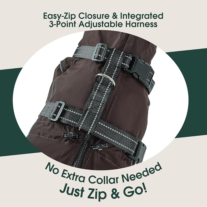 Kuoser Waterproof Hooded Dog Raincoat, Full Body Coverage, Brown XS | Heavy-duty waterproof material blocks rain thoroughly, Ergonomic fit for free movement, Built-in Harness, reflective strips