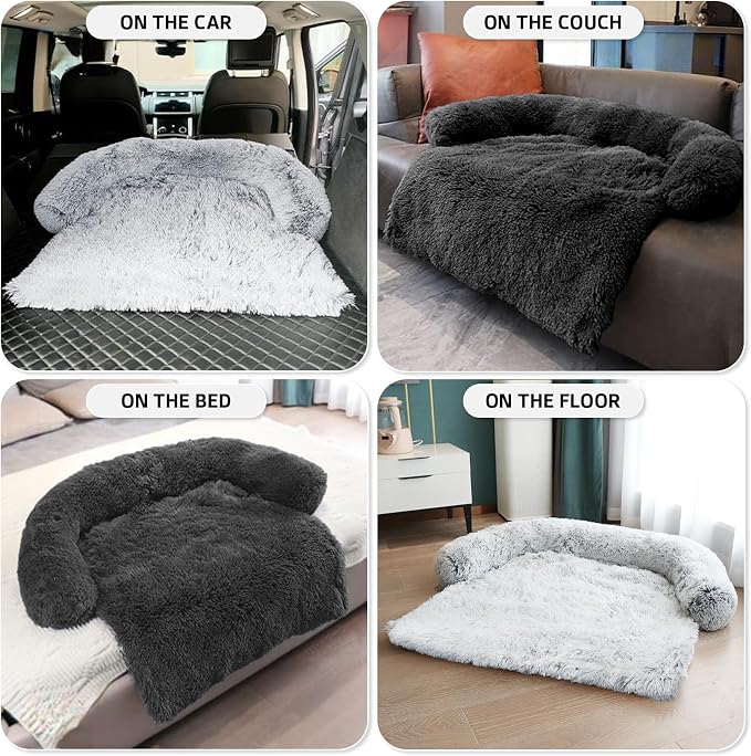 Calming Dog Bed Fluffy Plush Dog Mat for Furniture Protector with Removable Washable Cover for Large Medium Small Dogs and Cats (Large(45x37x6), Dark Grey)