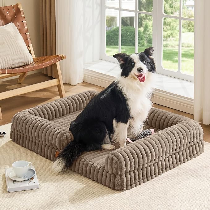ChiXnuggle Faux Fur Orthopedic Dog Bolster Bed, Waterproof Washable Cover | rectangular dog sofa couch,egg crate foam,non-slip bottom,for extra large dogs,taupe,41*30*7