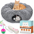 WiskaDen XL Plush Cat Tunnel Bed with Toy and Elderly Feline Access. 3-in-1 Dark Grey Fluffy Donut Cushion. Circle Tube for Indoor Cats Leisure, Hiding Spot, Dog Bed, or Rabbit Cave