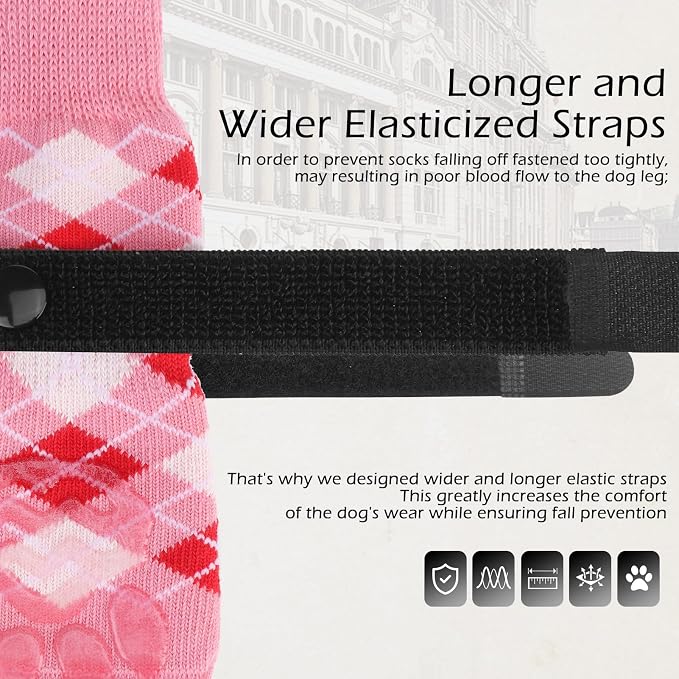 EXPAWLORER Dog Socks to Prevent Licking Paws,Dog Shoes for Hot Pavement,4 Pcs Double Sided Anti Slip Dog Socks with Grippers,Dog Booties for Small Medium Large Senior Dogs,British Style,Pink XL