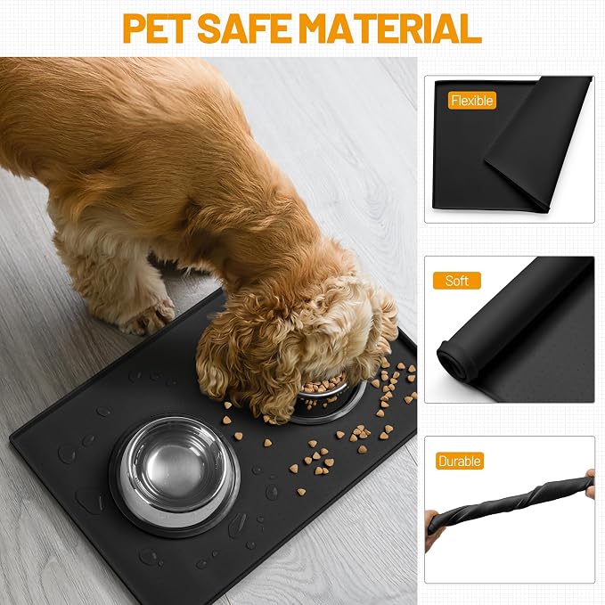 Hubulk Dog Feeding Mat,100% Waterproof Food Grade Silicone Pet Food and Water Bowl Placemat,Dishwasher, High Raised Edge to Prevent Spills,Nonslip Tray to Stop Messes on Floor (32"x24"x1.0", Black)