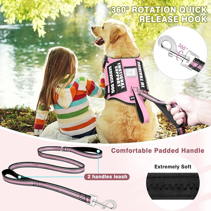 Service Dog Vest Harness and Leash Set+10 Patches,Easy Walk Pink S | No Pull&Adjustable Reflective Dog Harness Small Sized,Dog Leash with 2 Soft Padded Handles,for Training Hiking Walking
