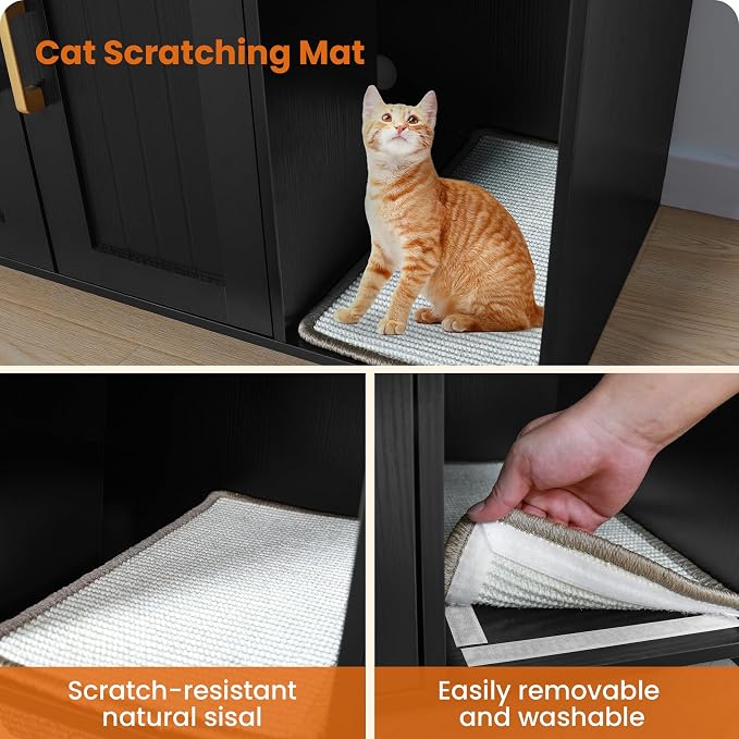 Dwanton Litter Box Enclosure, Cat Litter Box Furniture Hidden, with Scratching Mat, Wooden Cat Washroom Indoor, 31.5" L x 19.7" W x 21.7" H, Black