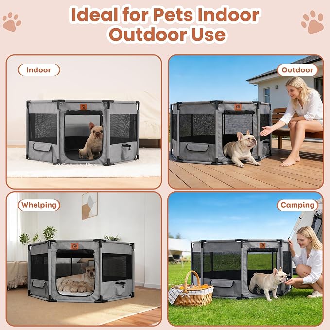 Enclosed Pet Playpen, Portable Cat & Puppy Playpen with Sturdy PVC Pipe Frame and Scratch-Resistant Fabric, Soft Kennel Crate Fence for Pet Indoor Outdoor Use (Small Size, 28x28x16.9 Inches)