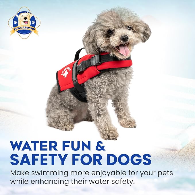 Dog Life Jacket — Premium Swim Vest with SafeChin Anti-Choke Collar | PAWS Aboard Red | RapidLift Rescue Handle, D-Ring, Reflective Trim | Boating, Kayaking, Pool | XX-Small (Under 6 lbs)