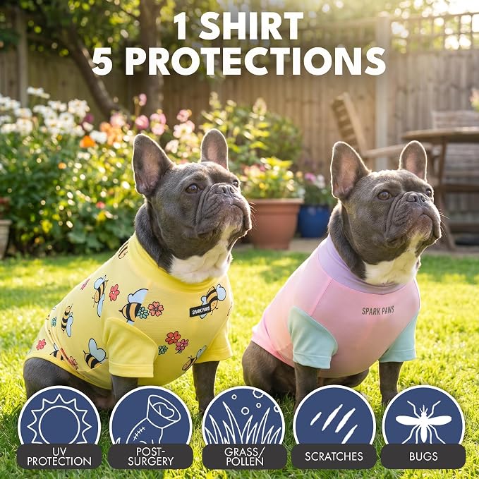 Spark Paws Sunblock Dog T-Shirt, SPF30 Protection, Lightweight Breathable Quick Dry for Dogs with Sensitive Skin - Bees & Gelato (Set of 2) - Size S