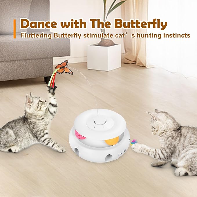 3-in-1 Interactive Cat Toy for Indoor Cats, White | Rechargeable Automatic, Fluttering Butterfly, Moving Feather, Smart Sensor 6 Holes Whack-A-Mole, Track Balls