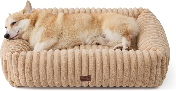 Bedsure ComfyFleece™ Cute Dog Bed Medium Large Size Dog，33in Sandy Beige | Furry Big Pet Beds,Washable Rectangle Orthopedic Corduroy Aesthetic,Removable Zipper Cover,Non-Slip Bottom,Up To 50 Lbs