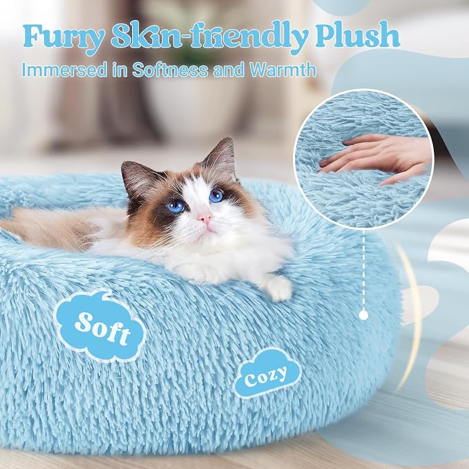 rabbitgoo Calming Cat Beds for Indoor Cats, 20 inches, Light Blue | Soft Warm Donut, Fluffy Faux Fur, Supportive Raised Rim, Anti-slip, Machine Washable, Up to 15lbs Kittens & Small Cats