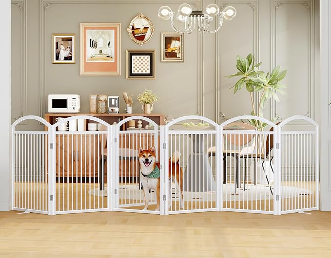 Folding Pet Fence 144" Wide, 32" Tall,Freestanding Dog Gate with Door,White | 6 Panels No-Assembly Metal Pet Fence Walk Through,Extra Accordion Puppy Folding Playpen for Doorways, Stairs,House