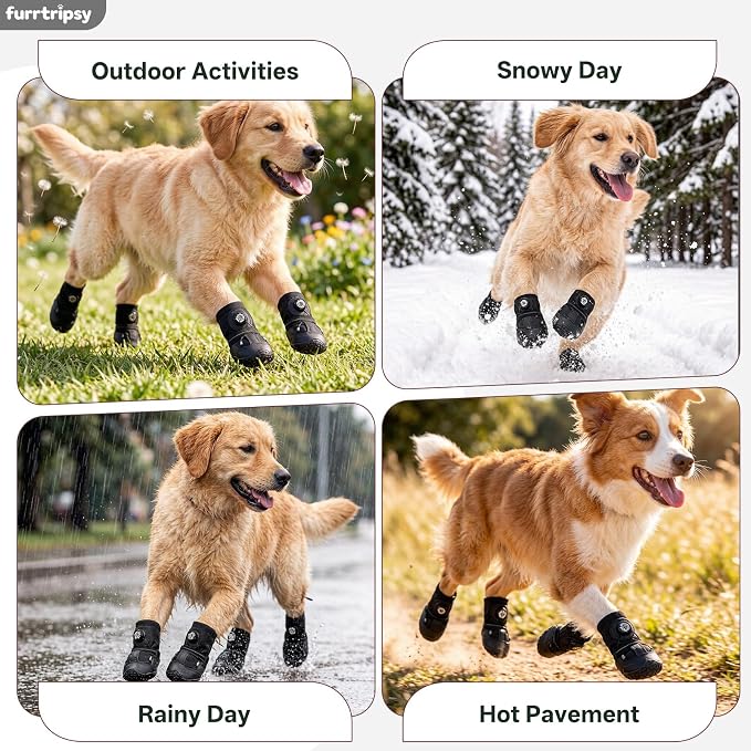 Dog Booties with Micro-Adjustable Dial, Waterproof Dog Shoes for Large Medium Small Dogs, Rugged Non-Slip Rubber Paw Protectors for Hot Pavement and Snow, Hiking 4PCS (Black, Size 4)