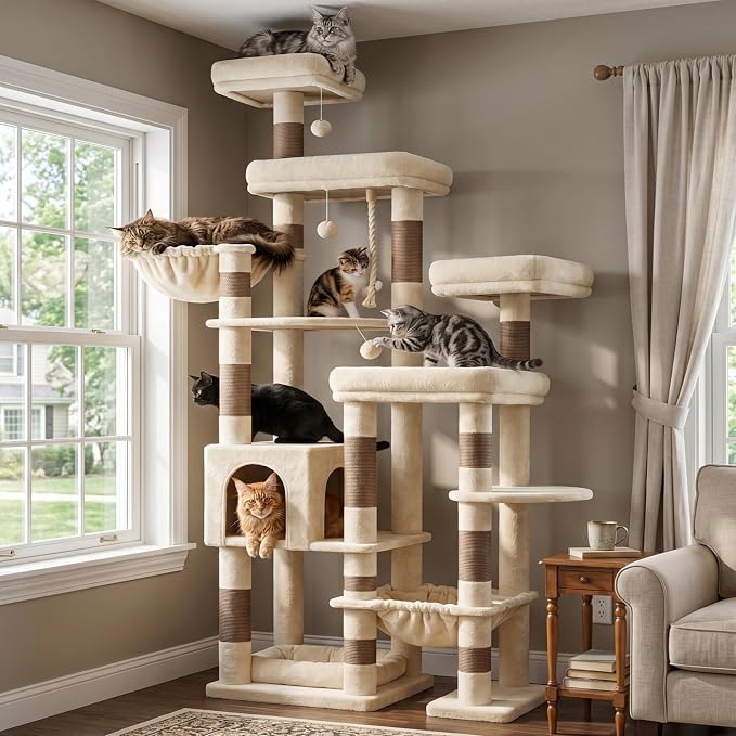 Hey-brother Cat Tree Tower, Wide Base, 5 Platforms for Multi-Cats, MPJ074MJ | 72.8 Inches Tall Furniture, 5 Plush Beds, Large Condo, Big Hammocks, Sisal Scratching Posts, for Indoor Adult Cat Beige Brown