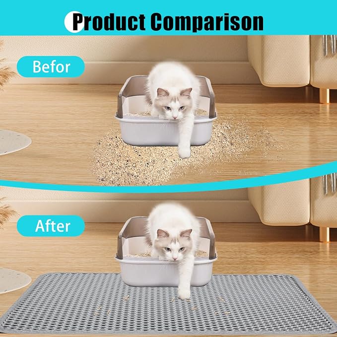 Cat Litter Mat 30"x24", Double Layer Waterproof Litterbox Mat, Gray | Non-slip backing, washable for easy cleanup, traps stray litter with waterproof honeycomb large grid that is urine-proof.