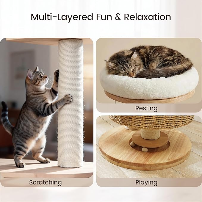 Solid Wood Cat Tree for Indoor Cats, Modern Cat Tower with Hand-Woven Condo & Sisal Scratching Post, Sturdy Wooden Cat Tree with Plush Perch, Aesthetic Cat Furniture for Small to Medium Cats