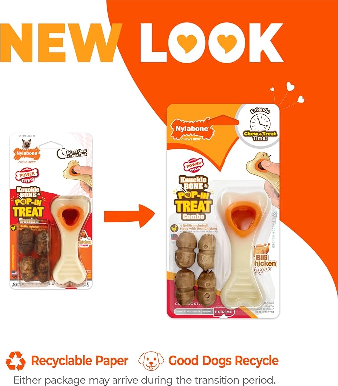 Nylabone Power Chew Knuckle Bone & Pop-In Dog Treat Toy, X-Small | Chicken flavor, includes 4 natural treats, dog enrichment, interactive dog toys to keep them busy, for dogs up to 15 lbs