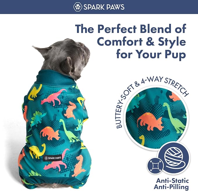 Spark Paws Dog Pajama, Dog Recovery Suit Male, Onesie, Ultra-Soft and 4-Way Stretch, for Small Medium and Large Breeds - Dinosaurs - XL