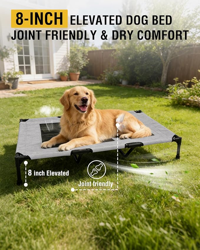 Elevated Dog Bed with Heavy-Duty Steel Frame, Breathable Mesh Cooling Surface, Easy to Clean, Portable Raised Dog Cot for Indoor & Outdoor Use,49x32x8 InchesGrey Dog Bed,Size L.