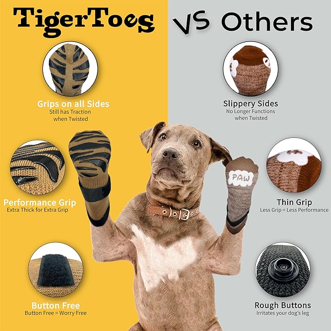 DOK TigerToes Premium Non-Slip Dog Socks for Hardwood Floors - Extra-Thick Grip that Works Even When Twisted - Prevents Licking, Slipping, and Great for Dog Paw Protection (Cool Caramel, Large)