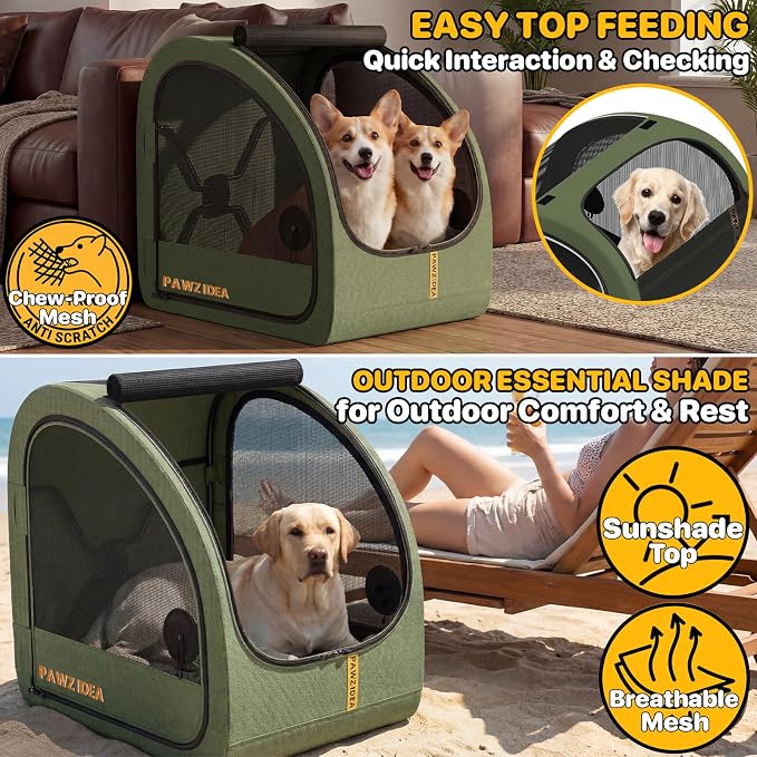 PAWZIDEA Portable Dog Crate for Car Travel, Collapsible Pet Travel Crates for Medium & Large Dogs Up to 80lbs, Enclosed Soft-Sided Car Kennel Carrier for Backseat, Secures w/Seatbelt & Headrest Strap