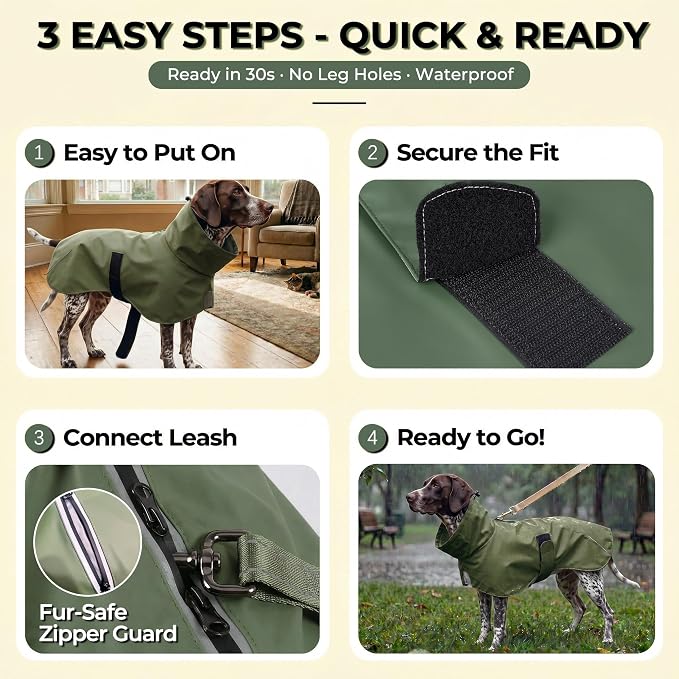 PU Dog Raincoat, Non-Toxic & Odorless Waterproof Vest, Adjustable High Neck and Hook & Loop Belly Closure for Rainy Potty Breaks & Wet Weather Outdoor Walks (Olive Green, XX-Large)