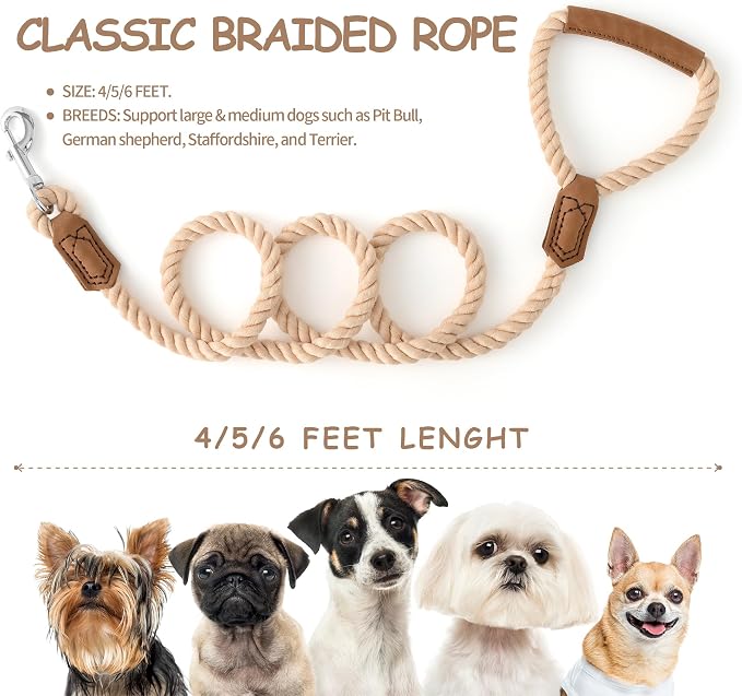 Mile High Life Dog Leash Braided Cotton Rope w/Leather-Wrapped Ends/Handle | Rust-proof 360° swivel clasp, Heavy-duty for medium/large dogs. Great for weddings, daily walks (5 FT, 1/2", Light Brown)