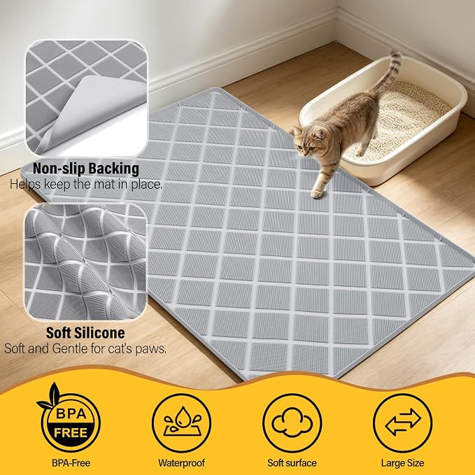Silicone Cat Litter Mat 34" x 22" Cat Mat for Litter Box with Surface Brush | Extra Large Cat Litter Box Mat for Scatter Control, Non-Slip, Waterproof Cat Litter Mat Litter Trapping Mat with Raised Edge