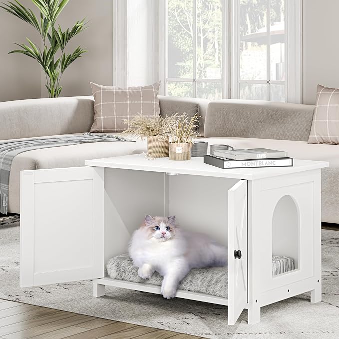 JY QAQA Cat Litter Box Enclosure,Litter Box Furniture Hidden with Barn Door,Wooden Cat Washroom Furniture,Cat House,Fit Most of Litter Box,White