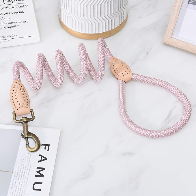 Mile High Life Dog Leash with Genuine Leather Connection, Reflective | Rope Leash, Heavy Duty 360° Swivel Metal Clasp, for Small Medium & Large Dogs Walking (Pink, 48 Inch-1/2)
