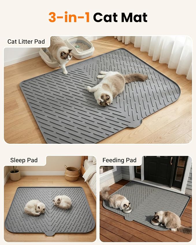 Cat Litter Mat, 47"x37" Extra Large Litter Box Mat, Silicone Mat, Gray | Waterproof Litter Trapping Mat for Scatter Control, Soft on Cat Paws Non-Slip Easy to Clean