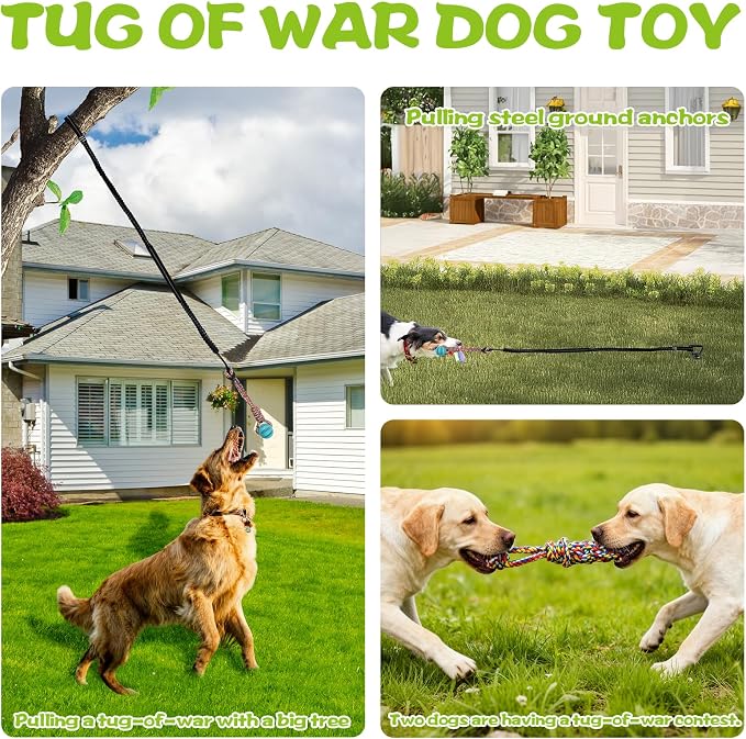 Tether Tug Outdoor Dog Toy with Upgraded Steel Stake & Adjustable Safety Rope, Includes 3 Chew Toys , Durable Interactive Tug of War Bungee Rope Toy for Large, Medium & Small Dogs on Lawns or Trees