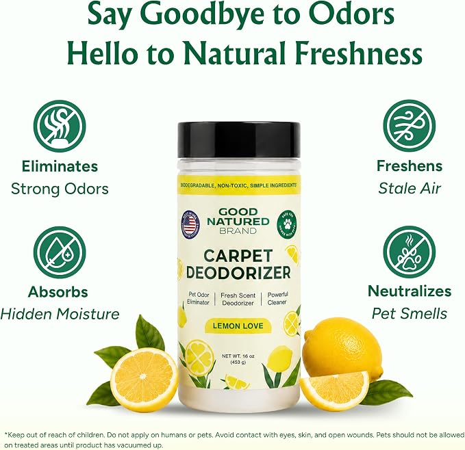 Good Natured Brand | Carpet Freshener & Deodorizer Powder | 16 oz Pet Odor Eliminator for Strong Odor & Pet Urine | Fresh Natural Lemon Scent | Safe for Homes with Pets