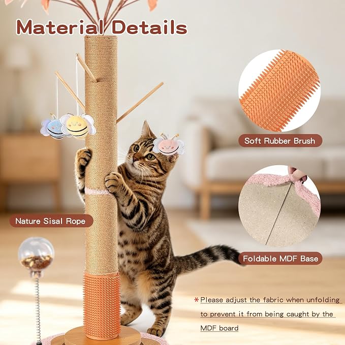 45" Tall Cat Scratching Post for Large Cats Adults | Grooming Brush, Track Ball, Spring Feeder & 3 Bee Toys, Sisal Rope Large Cat Scratcher Tree with Leaves for Indoor Cats, Pink