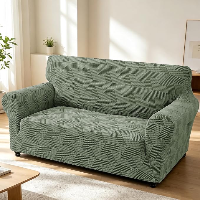 ZNSAYOTX Stretch Couch Covers for 2 Cushion Couch, 1-Piece Loveseat Covers Sofa Slipcover, Furniture Protector with Elastic Bottom for Dogs Geometrical Jacquard Fabric (Medium, Army Green)