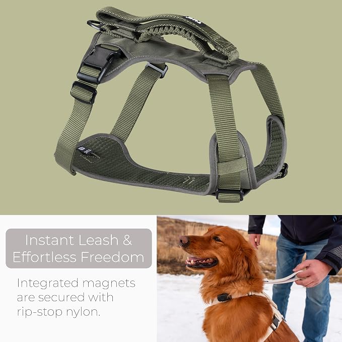 TUG Grab Dog Harness with Built-in Magnetic Traffic Leash (Medium/Green) | Padded Magnetic Traffic Handle | Front & Rear Leash Clips | 4-Point Adjustable Fit | Durable Nylon | Aids No-Pull Training