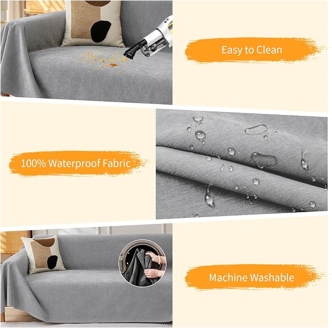 Deep Dream Cat-Scratch Resistant Couch Cover, Waterproof Sofa Cover for 3 Cushion Couch Washable,Pet Friendly Couch Protectors Anti Slip Thickened Love Seat Slipcovers for Dogs, 71" x 118",Light Grey