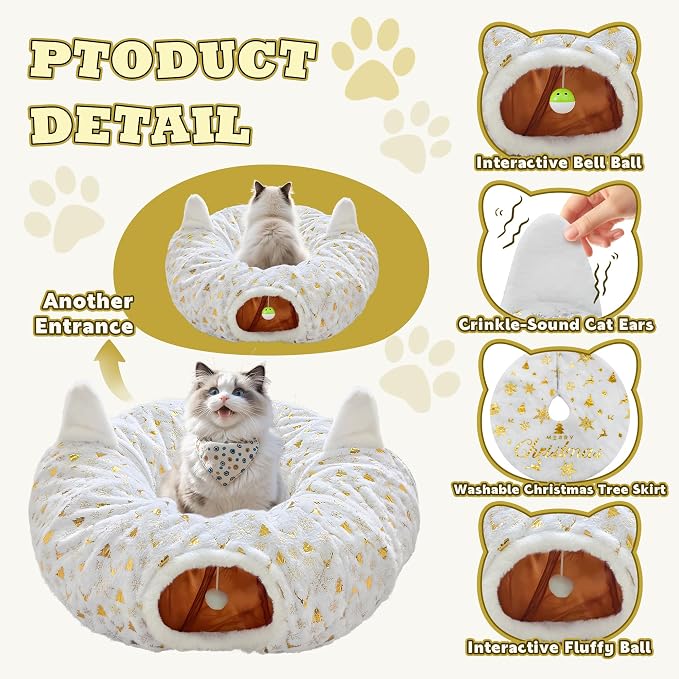 Cat Tunnel Christmas Tree Skirt, Cat Tunnel Bed with Hanging Toy Ball, Foldable Plush Cats Cave Donut Tunnel Christmas Decorations, Kitty Tunnel for Indoor Kitten Rabbit Puppy, White Gilded