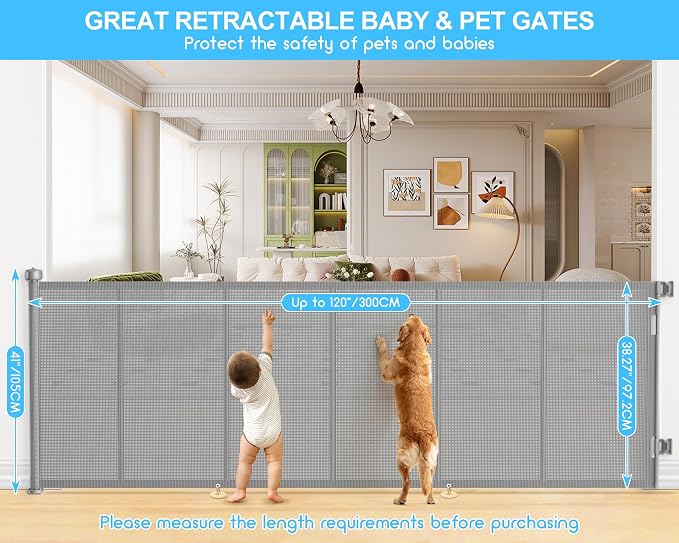 EZIGO 120 Inch Retractable Baby Gates, 41 Inch Extra Tall Retractable Gate | Reinforced Retractable Dog Gate with Rods, 10 FT Extra Long Mesh Pet Gate for Stairs Hallways Doorway Indoor Outdoor, Gray