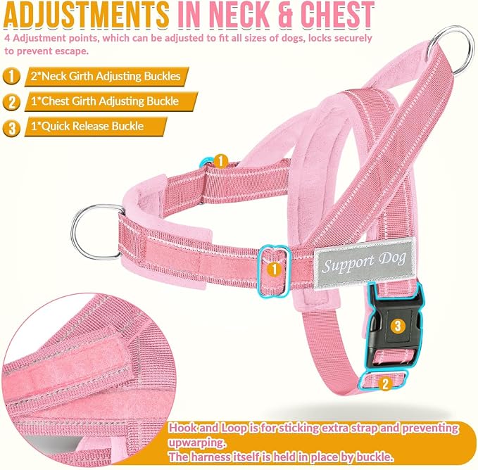 SlowTon No Pull Dog Harness - Heavy Duty Dog Harness and Leash Set for Medium Large Dogs, Reflective Tactical Harness with Soft Padded and Front Clip for Easy Walk and Training (Pink, L)