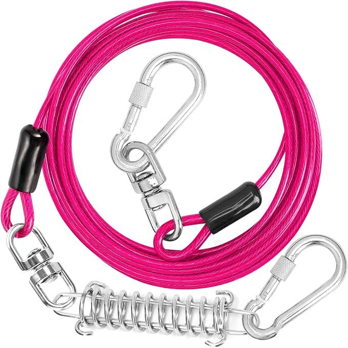jenico Dog Tie Out Cable, 10/15/20/30/40/50/70/100/150FT Runner Cable with Swivel Hook and Shock Spring, Dog Leash Run Tether for Yard Outdoor and Camping,for Small to Medium Pets Up to 500 LBS
