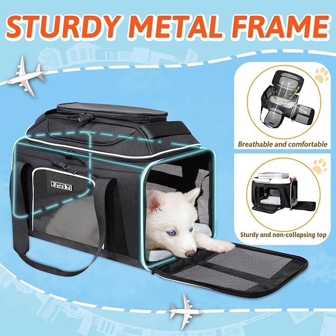 Petskd Top-Expandable Small Pet Carrier 17"x12"x8.5" Airline Approved | for JetBlue/Frontier/Spirit Airlines, Lockable Safety Zippers and Anti-Scratch Mesh, Soft-Sided, Pets Under 8 Lbs, Black