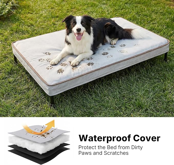 Veehoo Outdoor Elevated Dog Bed with Washable & Waterproof Cushion, Cooling | Medium Raised Dog Cot with Removable Cover, Brethable Mesh, Orthopedic Pet Bed for Indoor & Outdoor, 32" x 25", Dark Grey