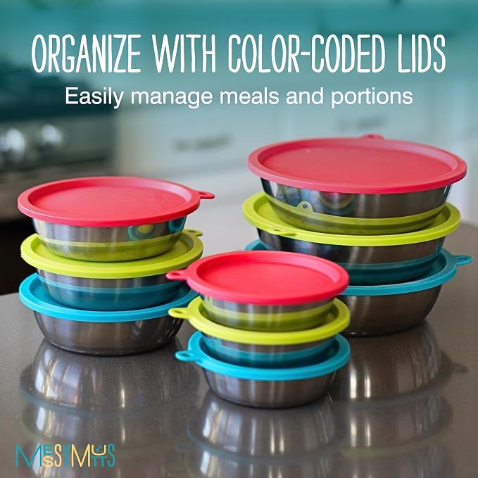 Messy Mutts 6 Piece Set, 3 Stainless Bowls and 3 Silicone Lids, Medium | Set Of Three Stainless Dog Bowls And Three Airtight Silicone Lids For Meal Prep, Storage, And Travel