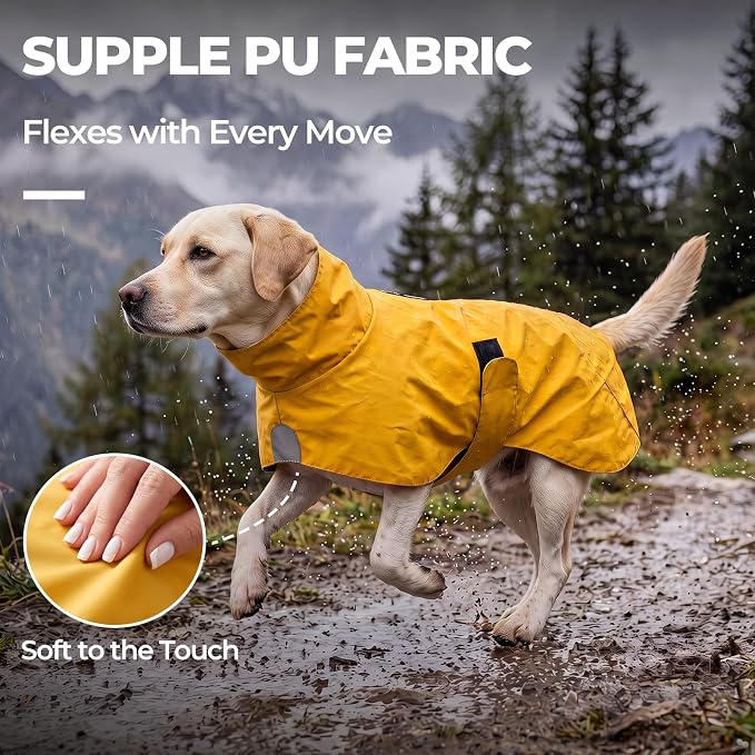 PU Dog Raincoat, Non-Toxic & Odorless Waterproof Vest, Adjustable High Neck and Hook & Loop Belly Closure for Rainy Potty Breaks & Wet Weather Outdoor Walks (Yellow, XXX-Large)