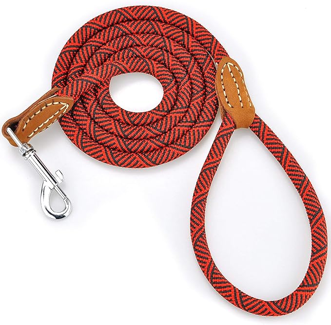 Mile High Life Dog Leash with Genuine Leather Connection, 6 FT/5 FT/4 FT | Rope Leash, Heavy Duty 360° Swivel Metal Clasp, for Small Medium & Large Dogs (Red, 60 Inch)