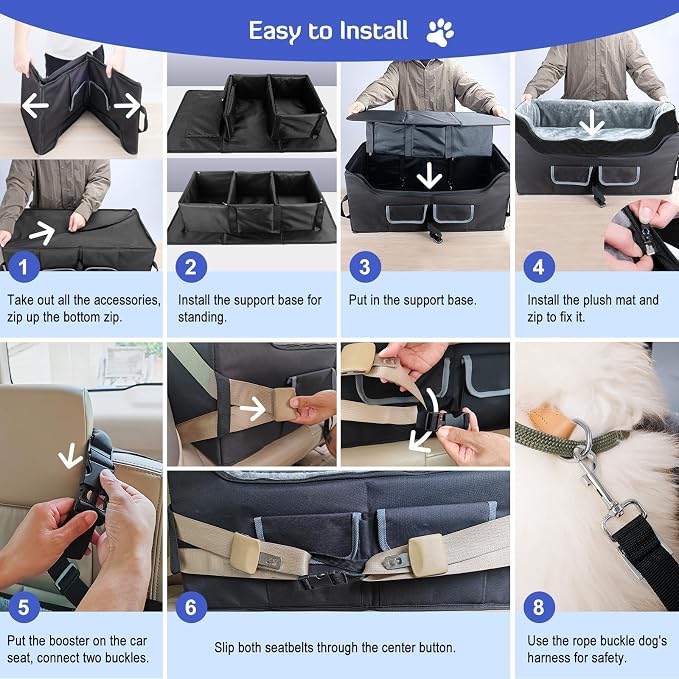 INFANZIA Dog Car Booster Seat for Large Medium Dogs Under 55 lbs | Elevated Pet Car Seats for Pets with Removable Washable Cover, Lookout Puppy Travel Seat with Storage Pockets